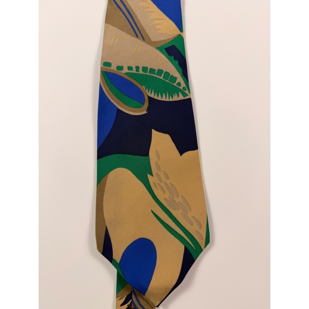 Gianni Versace Vintage Silk Tie Abstract Botanical Blue Green Tan Made in Italy